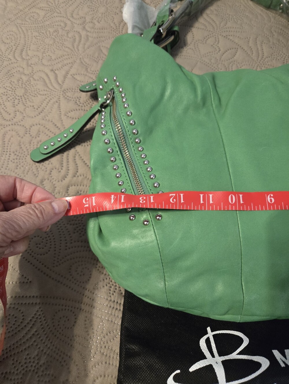 B. Makowsky Leather Green Stud-Accent Hobo Bag, New - Picture 5 of 6